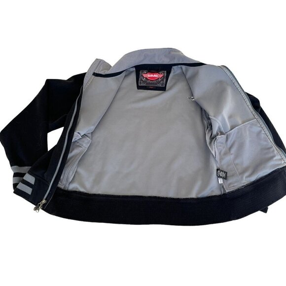 Sims Women's Sz L Black Full Zip Varsity Jacket Gray Striped Ribbed Cuffs & Hem - Picture 10 of 11